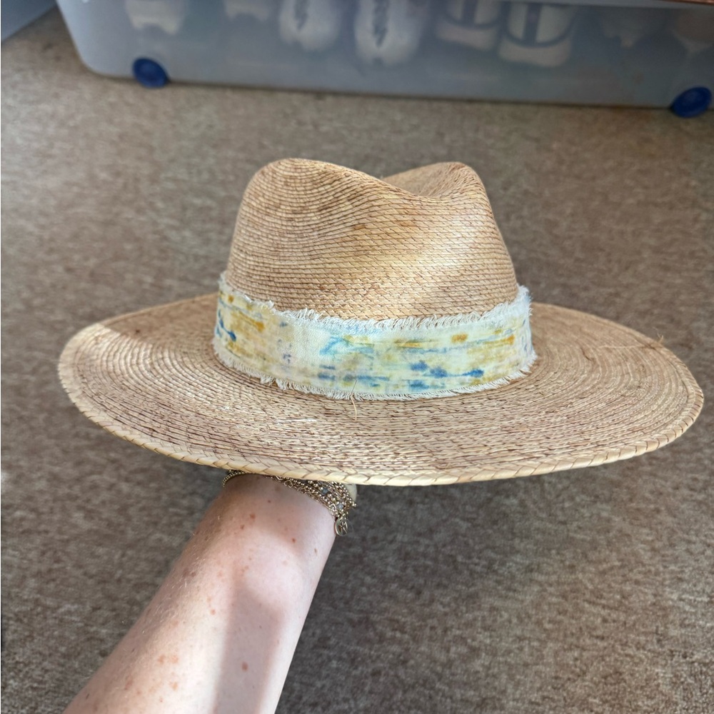 Lack Of Color Tan Straw Fedora with Yellow & Blue Frayed Band